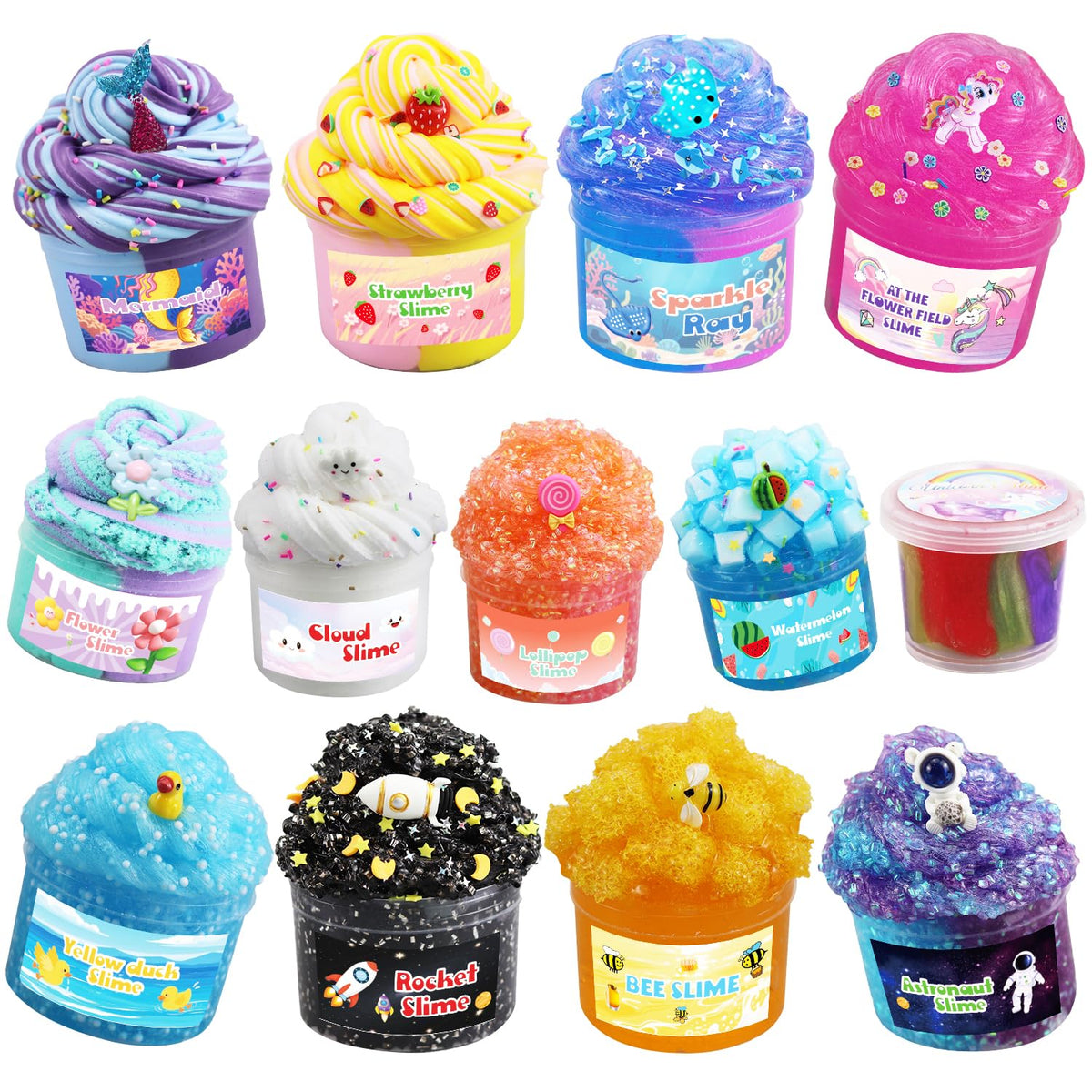 GHFEOOHN 13-pack crunchy slime kit bottles with varied textures for fun party favors.