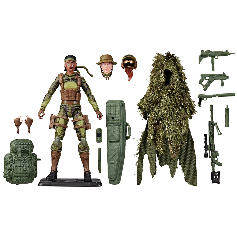 G.I. Joe Classified 60th Anniversary Sniper with ghillie suit for stealthy display poses.