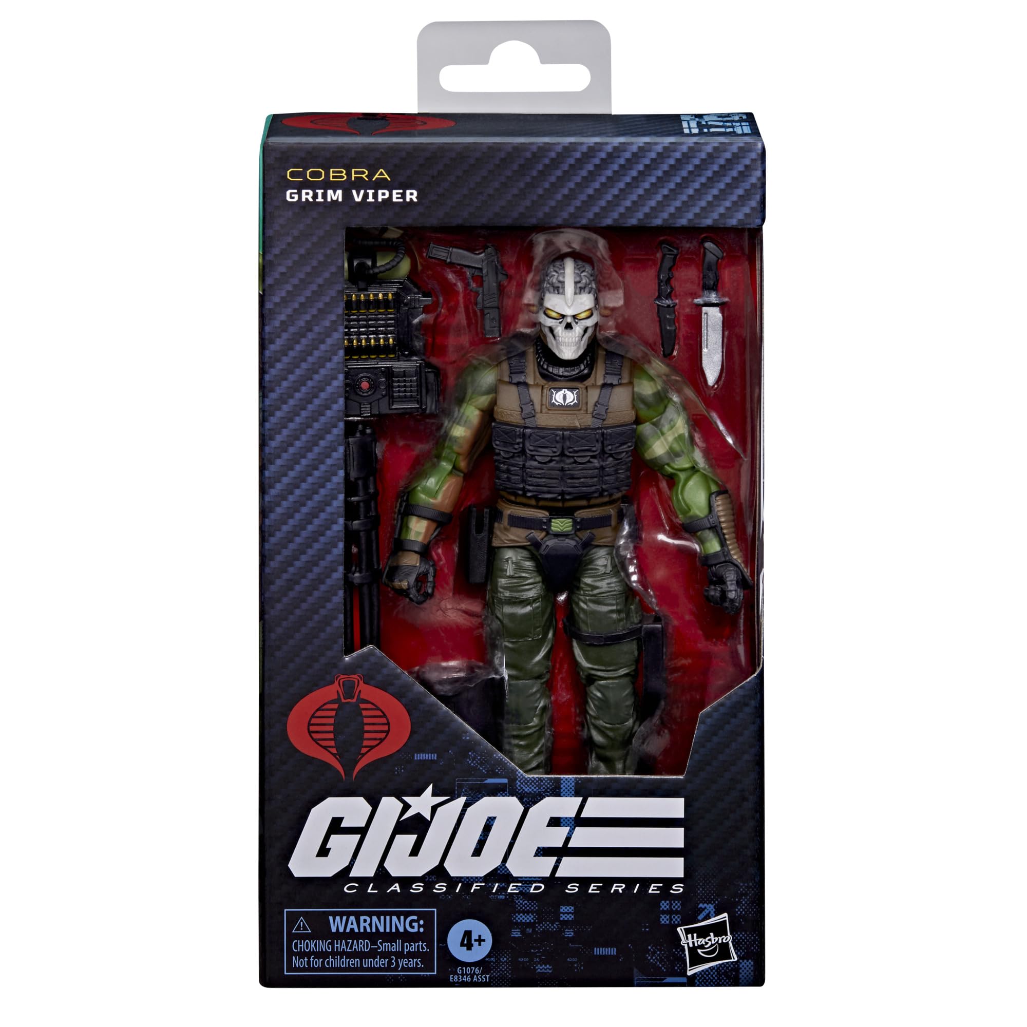Artwork and iconography on Grim Viper packaging enhances collector appeal.