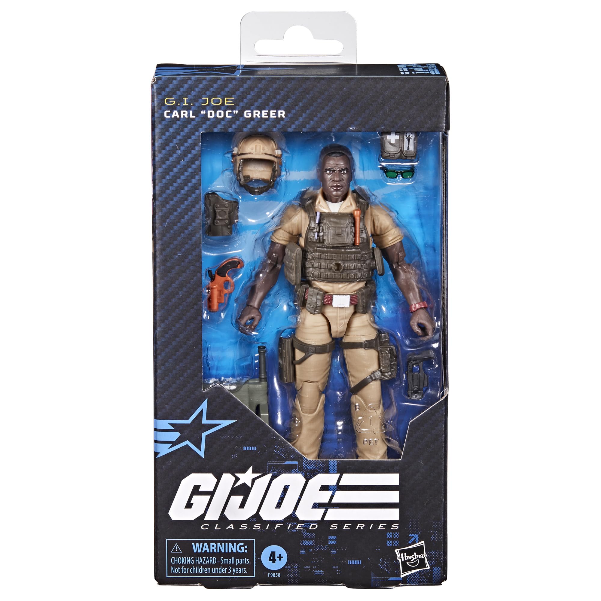 G.I. Joe Doc Greer figure with helmet, ready for action display.