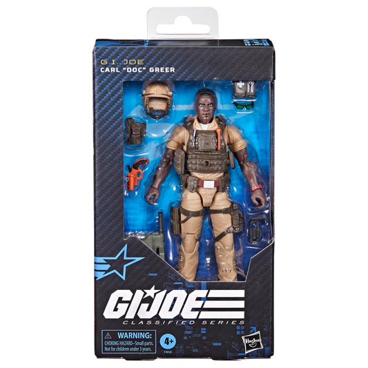 G.I. Joe Doc Greer figure with helmet, ready for action display.