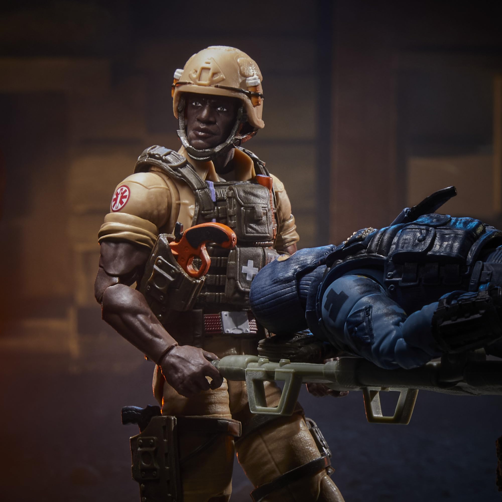 Doc Greer with foldable stretcher accessory for dynamic scenes.