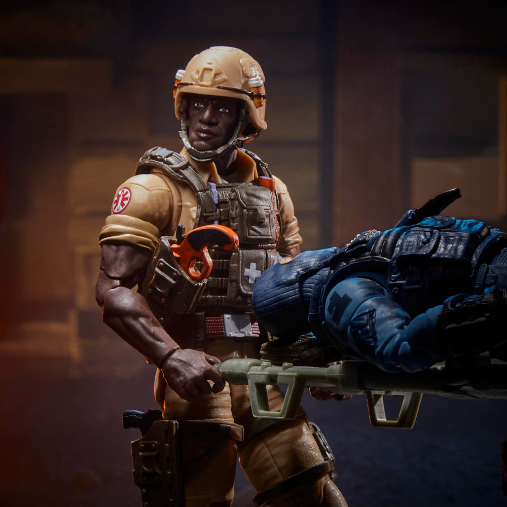 Doc Greer with foldable stretcher accessory for dynamic scenes.
