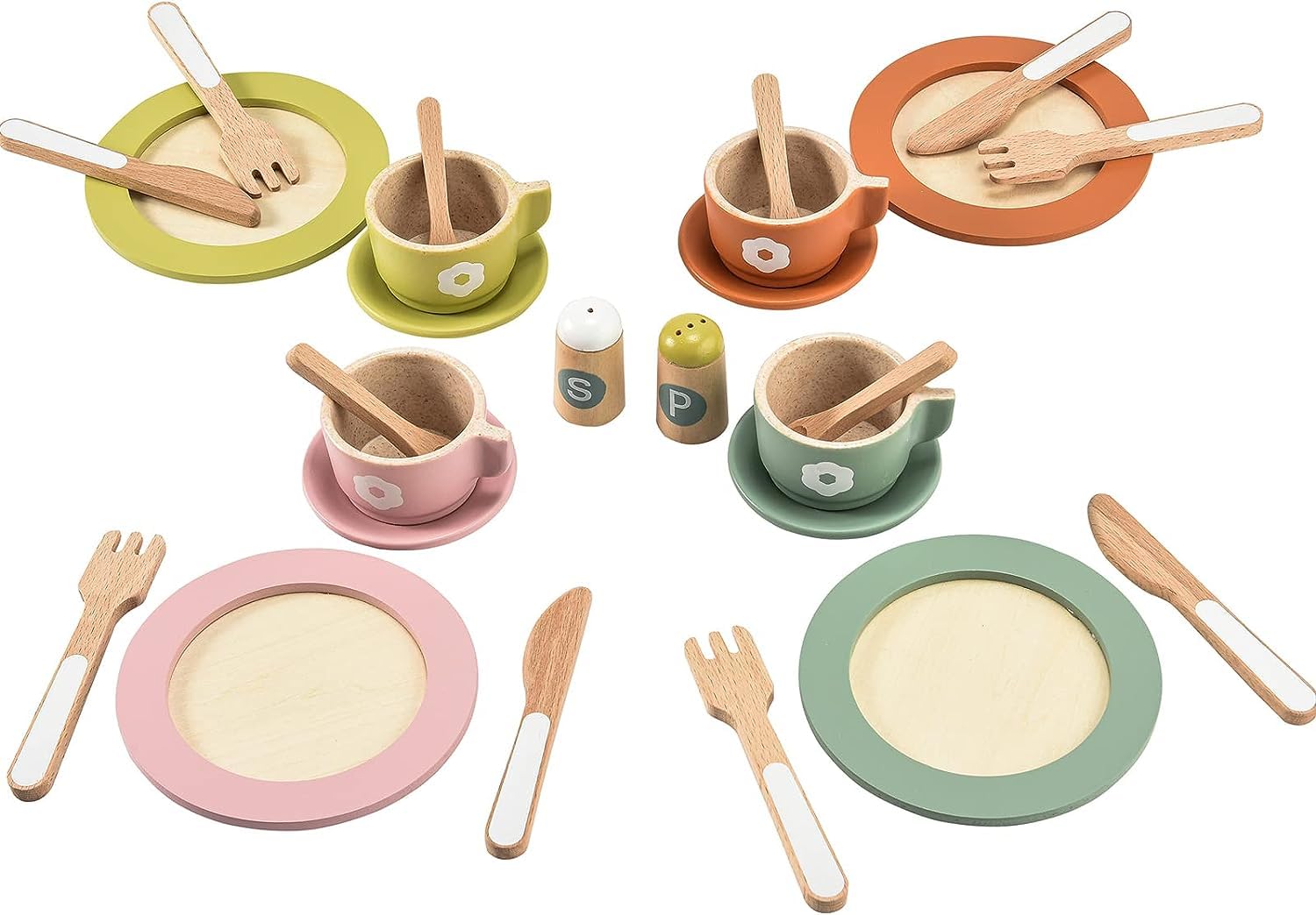 Giant bean 27pcs wooden toy plates ready for pretend meals and family hosting.