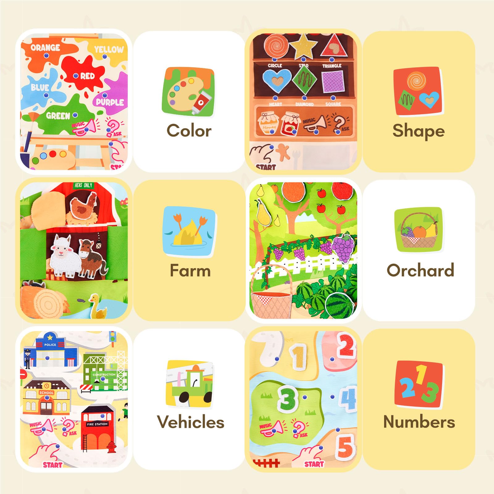 Giant bean Busy Book colors and shapes pages aid visual discrimination and matching tasks.