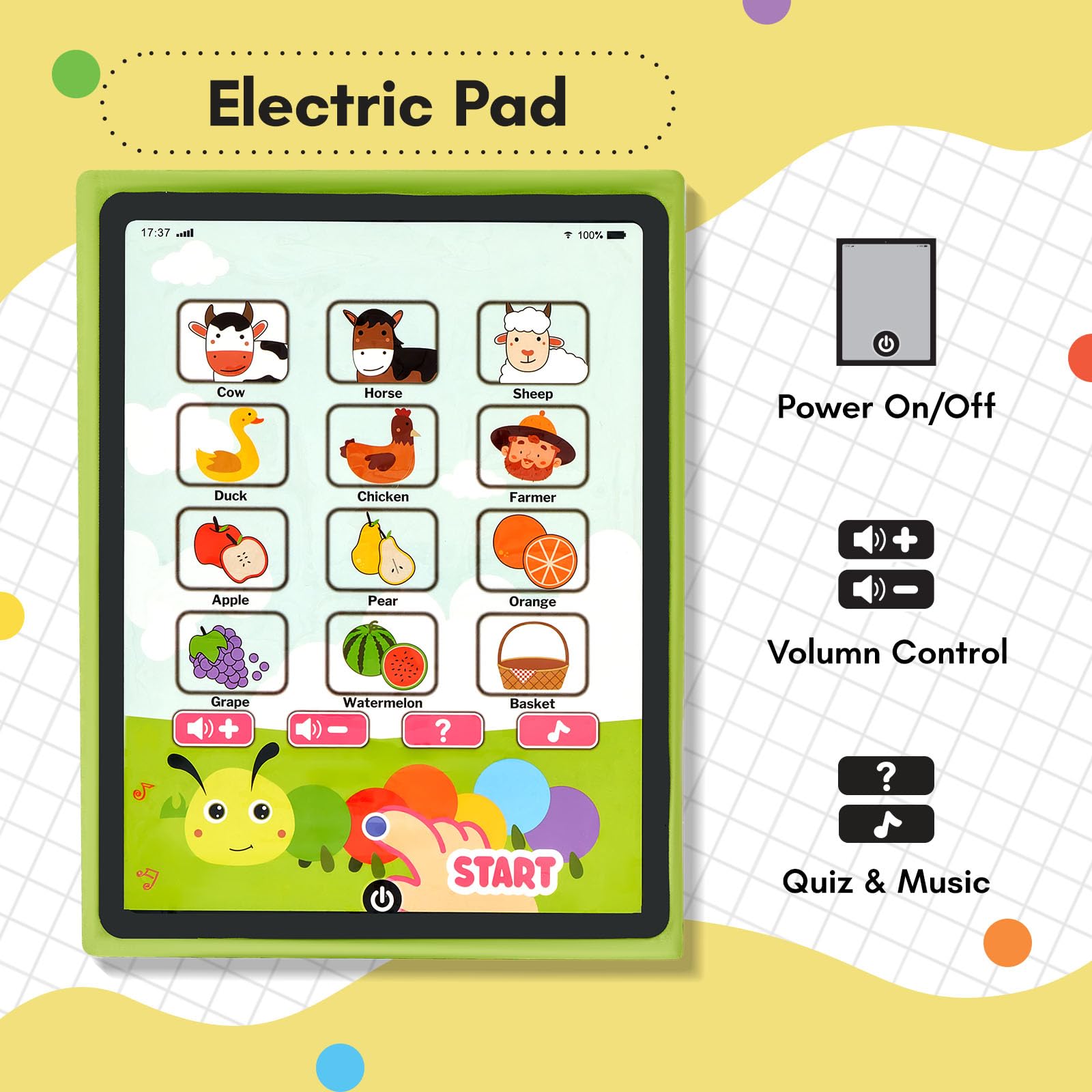 Giant bean Busy Book start button page supports easy activation for curious little hands.