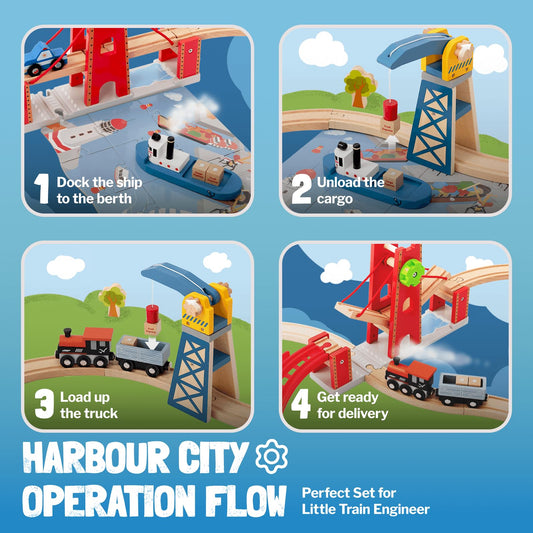 Giant bean container ship docking scene supports intermodal play learning