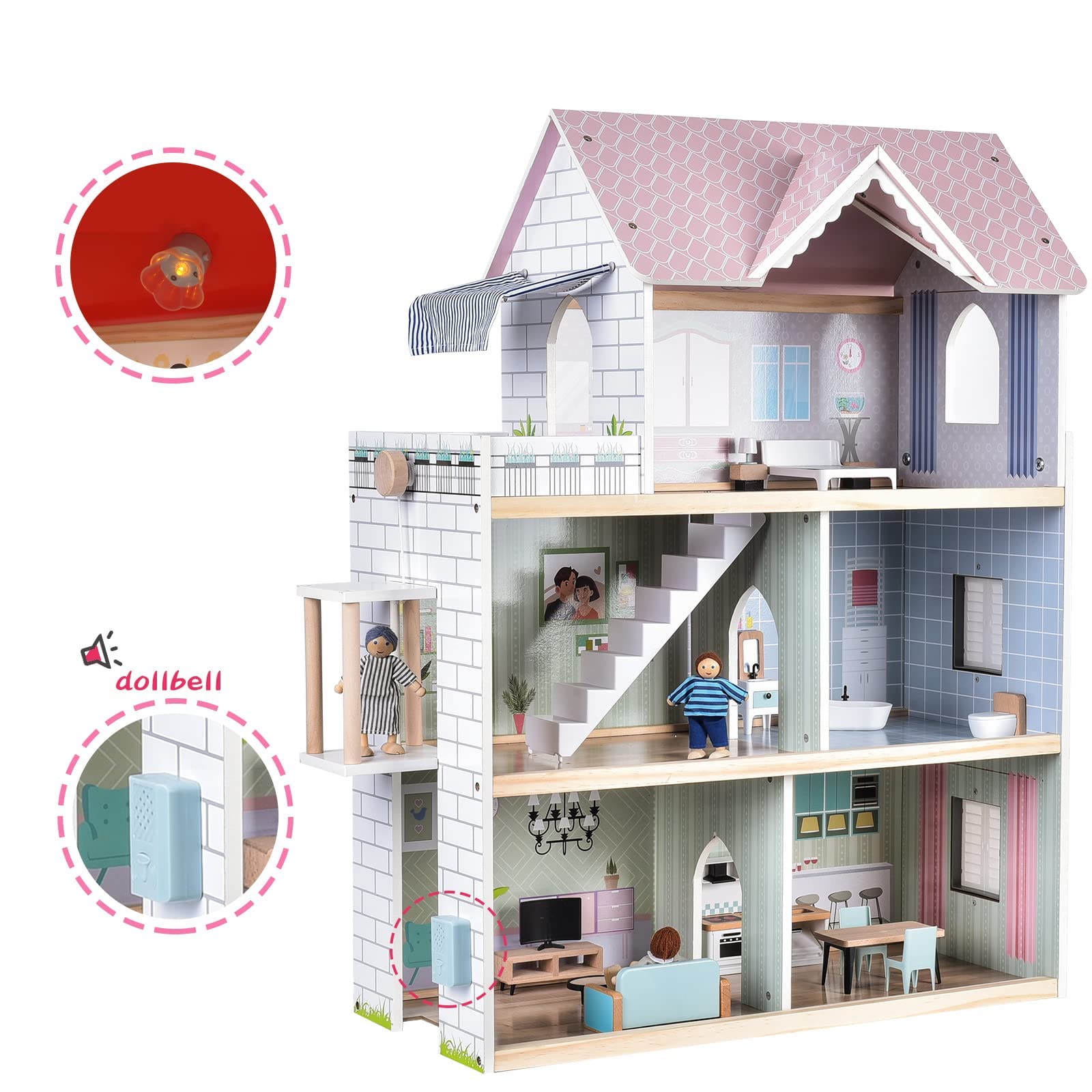 Giant bean large pink dollhouse stairway to third floor fuels exploration.