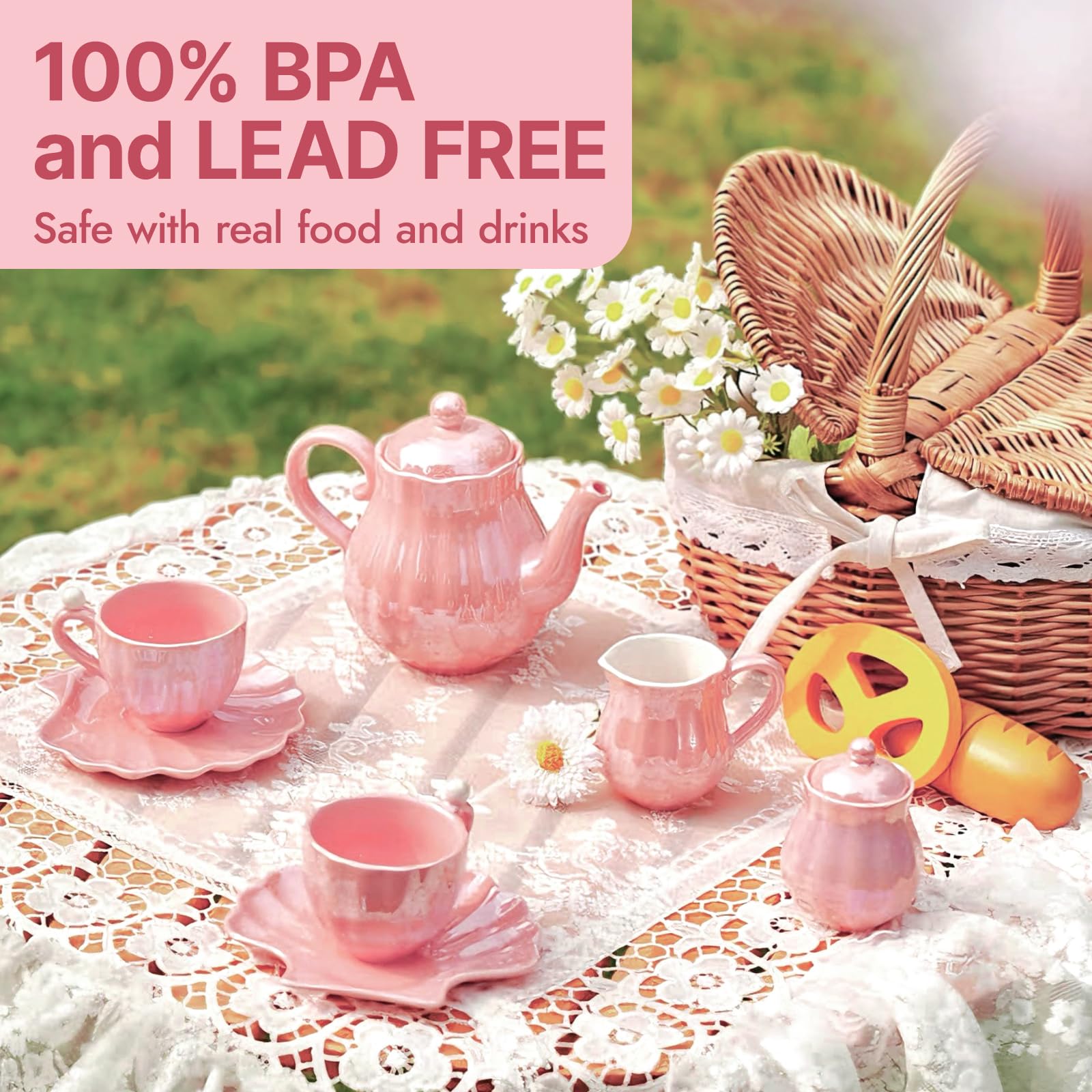 Giant bean Pearl Pink Tea Set cups with pearl handles for delicate social play