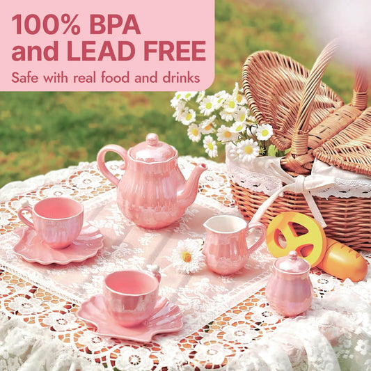Giant bean Pearl Pink Tea Set cups with pearl handles for delicate social play