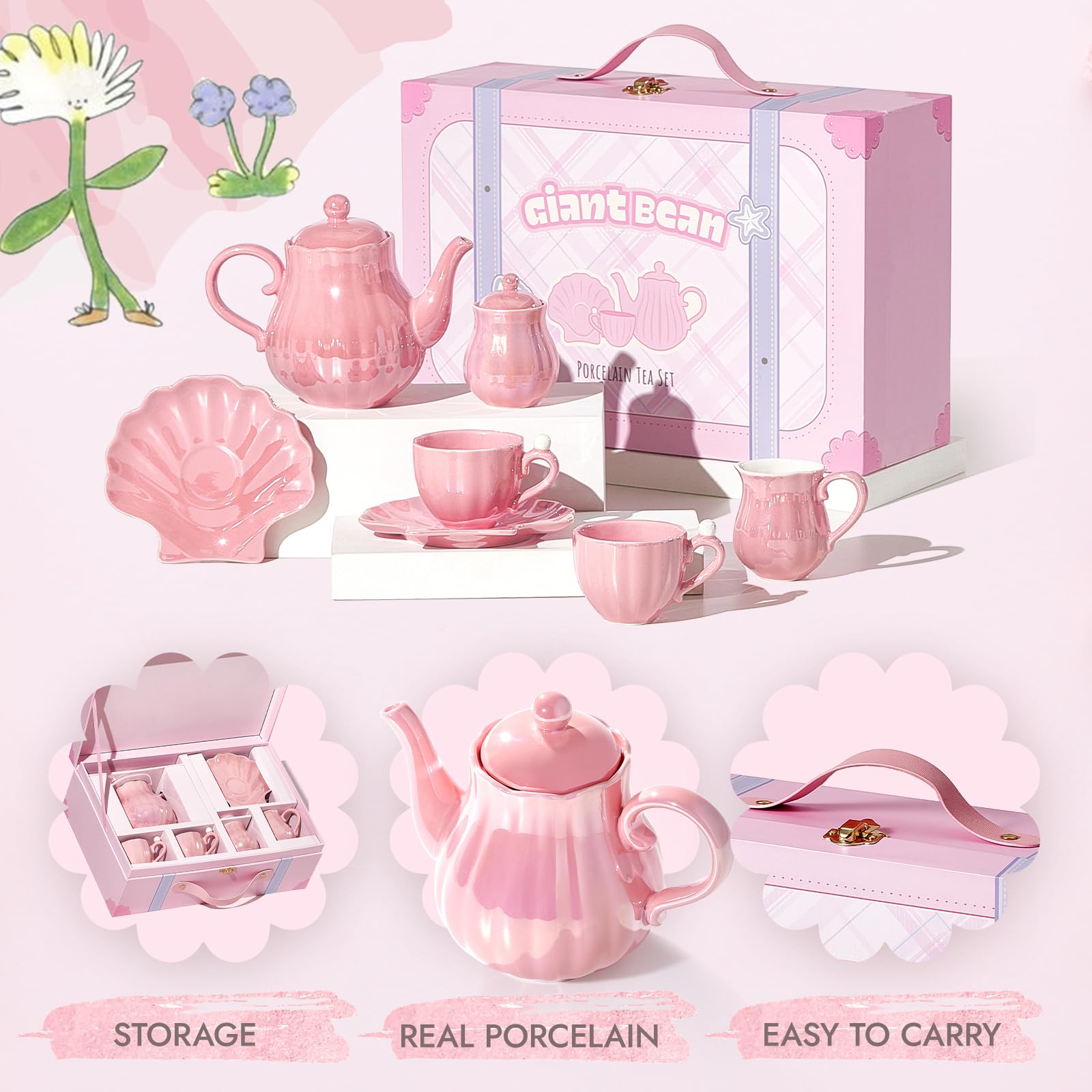 Giant bean Pearl Pink Tea Set saucers with shimmer for graceful tea time