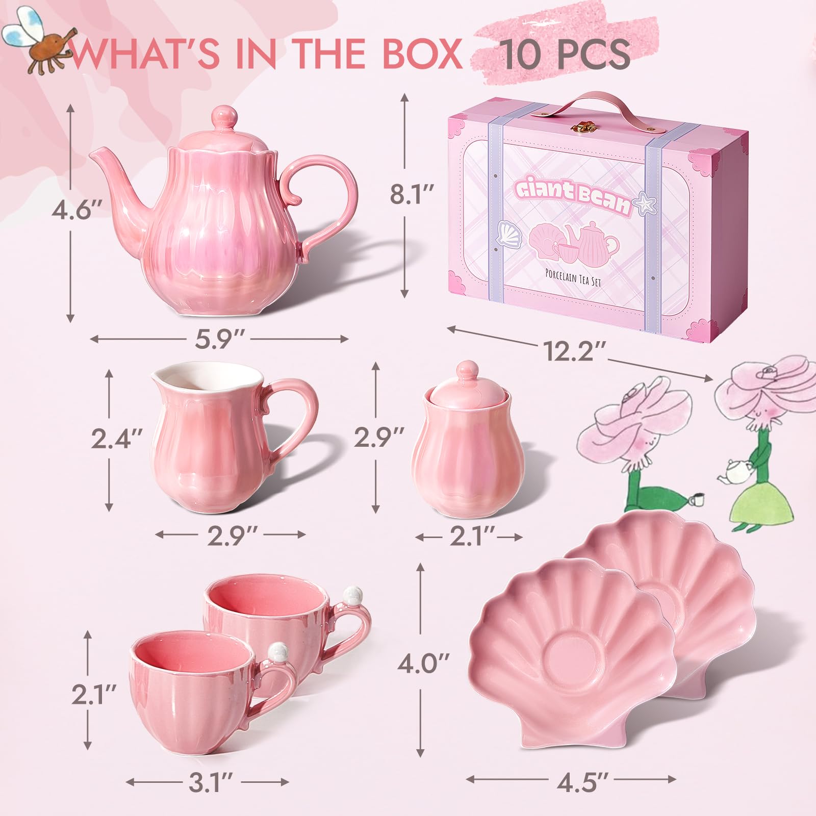 Giant bean Pearl Pink Tea Set suitcase keeps pieces tidy and portable