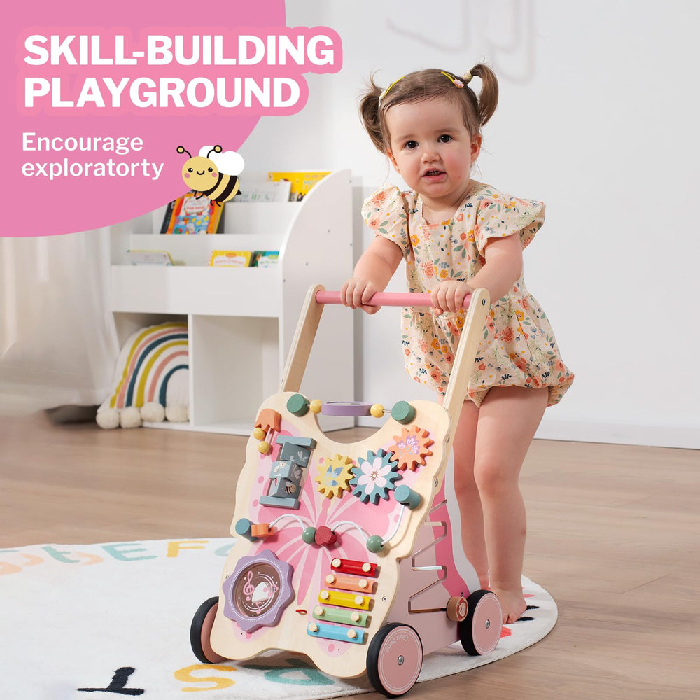 Giant bean pink butterfly walker side view shows interactive features for baby exploration
