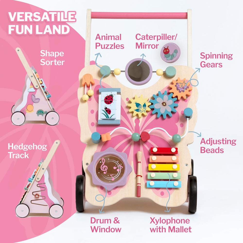 Giant bean pink butterfly walker top view highlights musical and puzzle elements