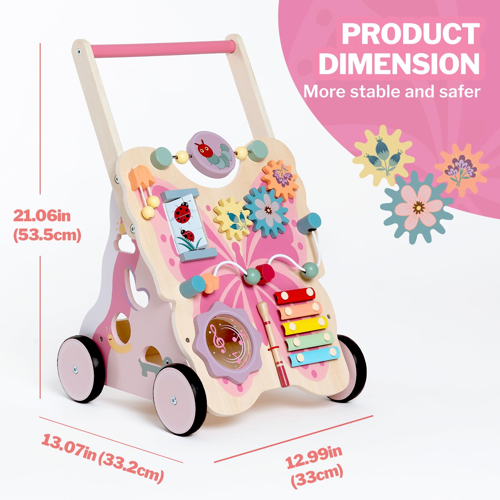 Giant bean pink butterfly walker wheels feature rubber padding for smooth floors