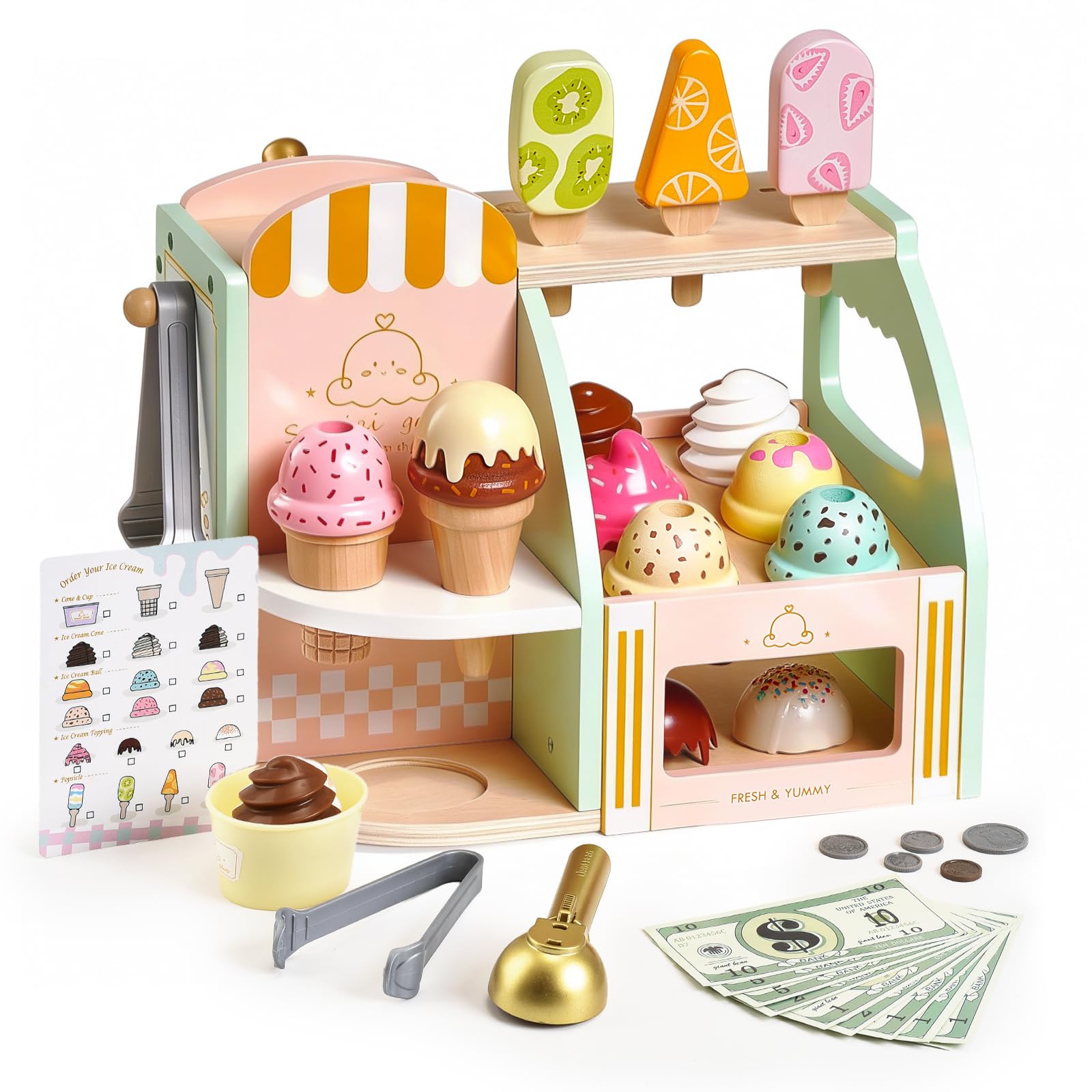 Giant bean play money bills support simple counting in pretend shops