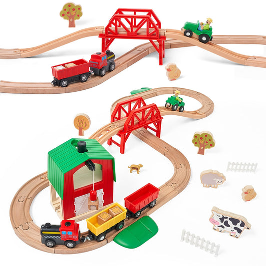 Giant Bean red barn and train wagons spark imaginative storytelling.