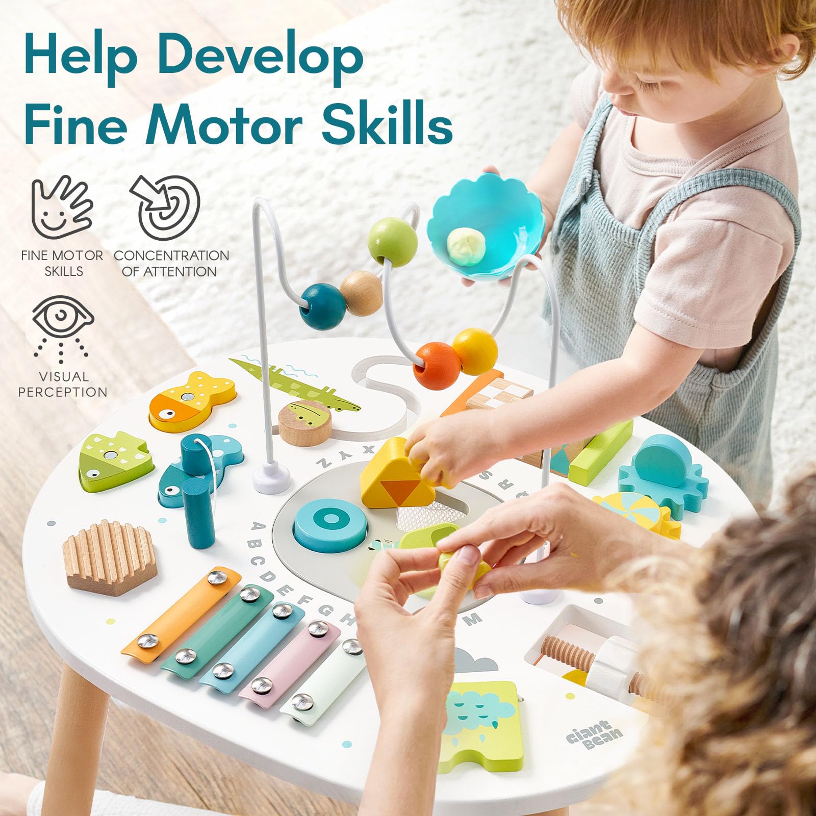 Giant bean wooden activity table fishing game promotes interactive play and concentration