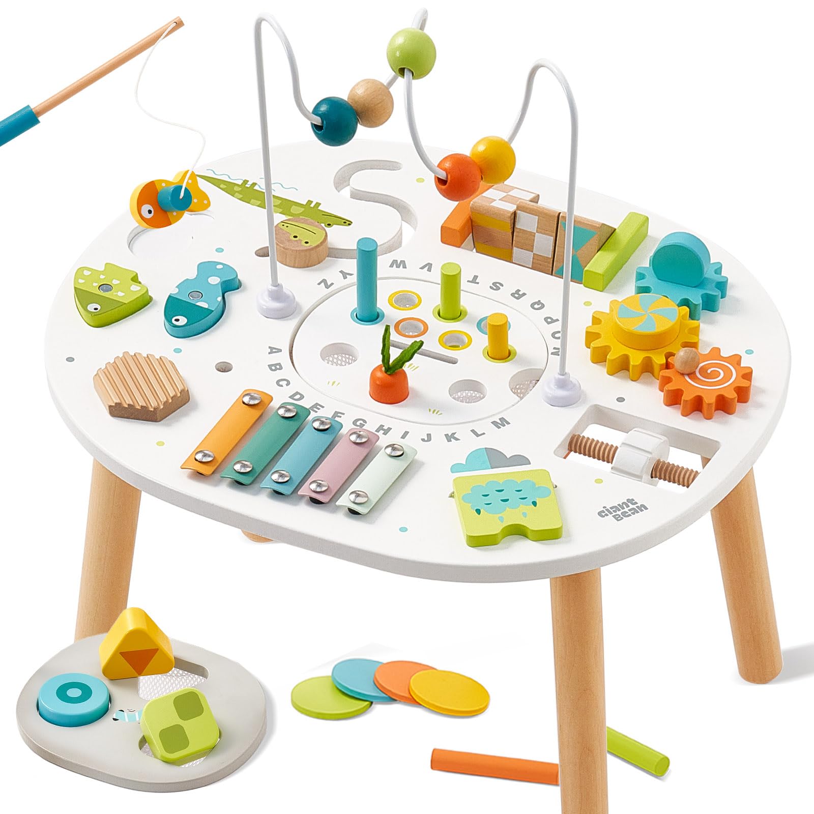 Giant bean wooden activity table shape sorter enhances early problem solving and hand-eye coordination