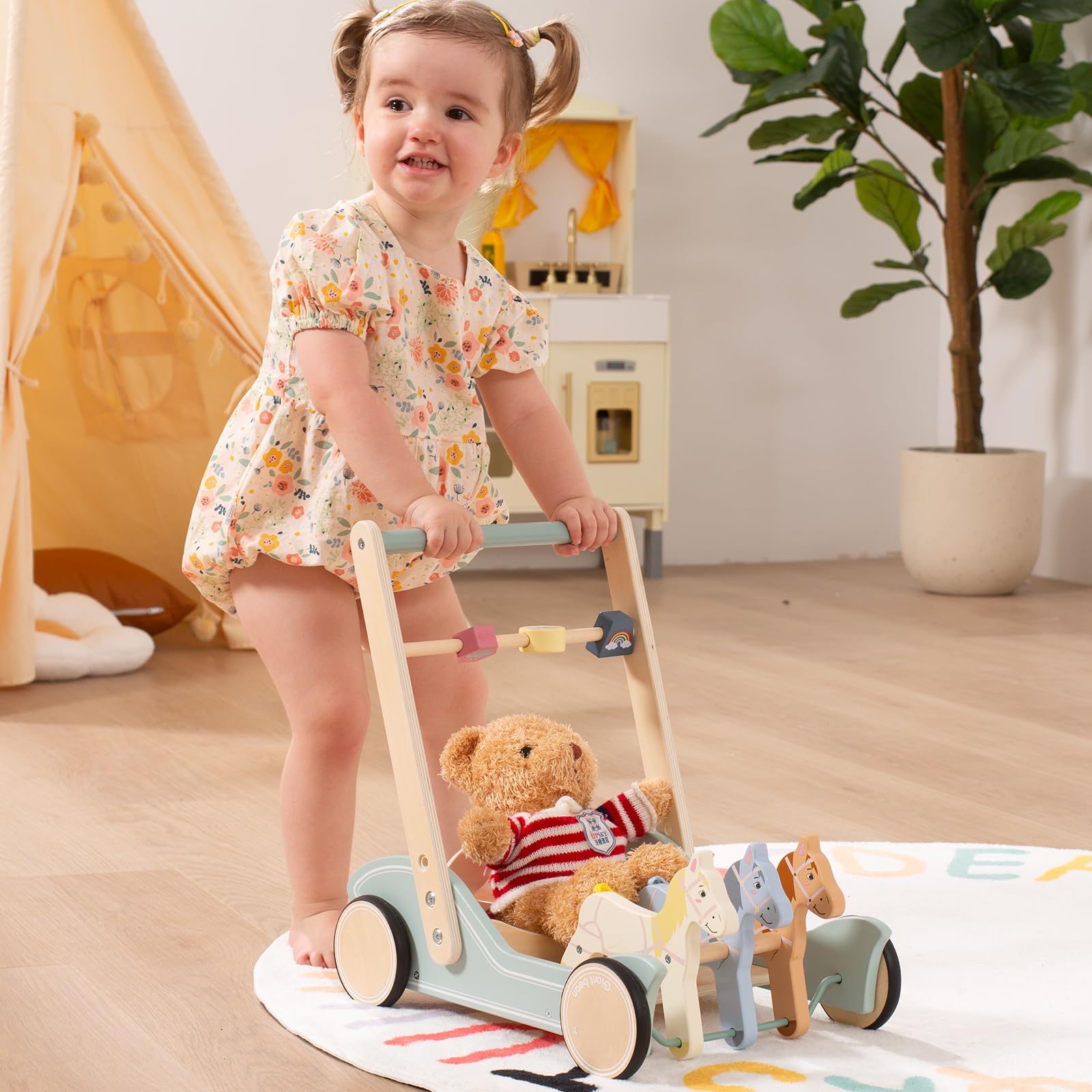 Giant Bean Wooden Baby Walker side view showing easy-to-grasp handle for toddlers.