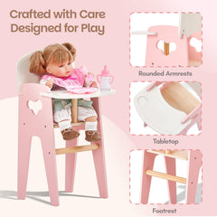 Giant bean wooden high chair with bib, plate, and utensils for doll meals.