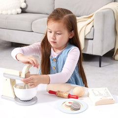 Giant bean wooden toy mixer bowl groove shows secure bowl placement during pretend baking.