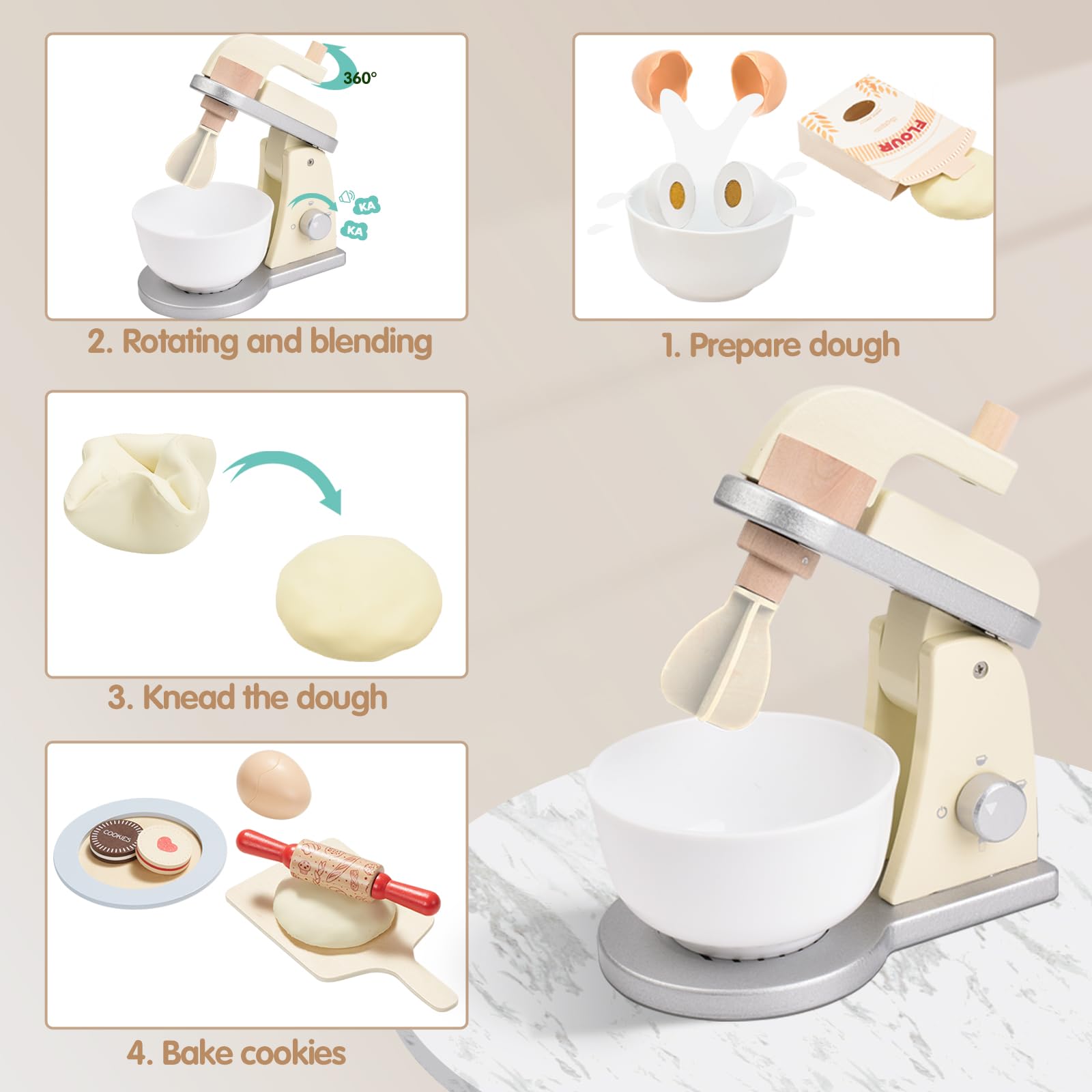 Giant bean Wooden Toy Mixer kneadable dough invites hands-on kneading and shaping for creativity.