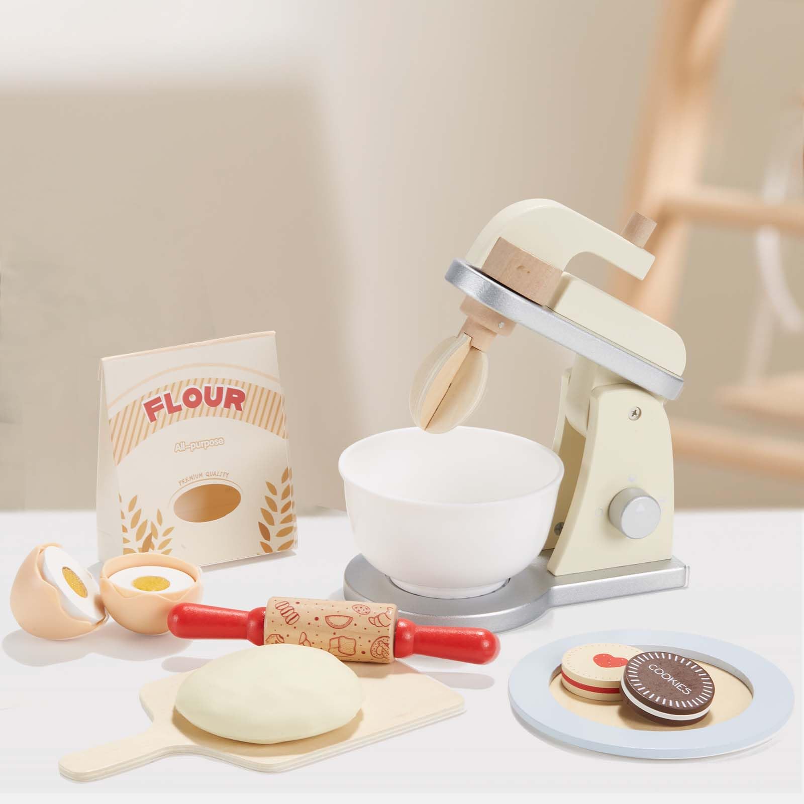 Giant bean Wooden Toy Mixer with rotating whisk enhances fine motor play and imaginative pretend cooking.