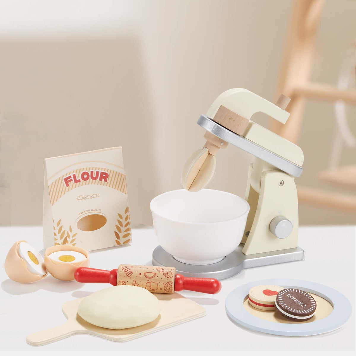 Giant bean Wooden Toy Mixer with rotating whisk enhances fine motor play and imaginative pretend cooking.