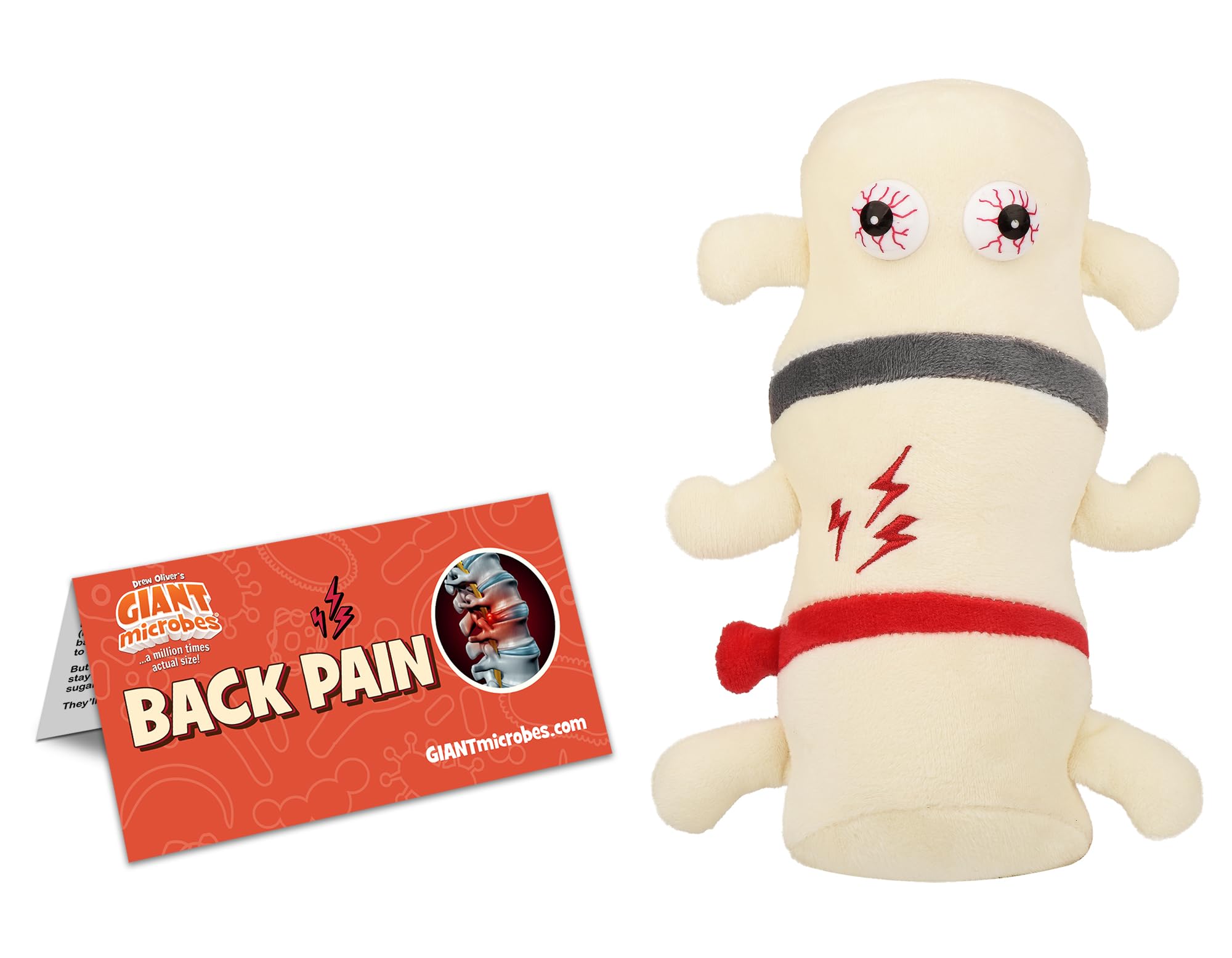 GIANT MICROBES Back Pain Plush info card visible, educational facts for curious students