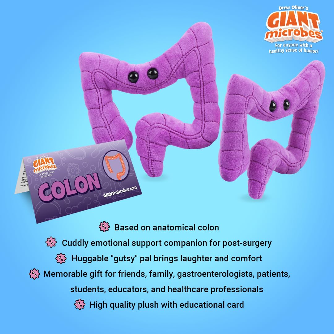 GIANT MICROBES colon plush with information card for quick digestive health insights.