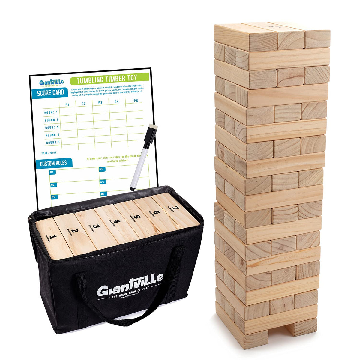 Giantville tumbling timber setup with life-size pine blocks ready for play