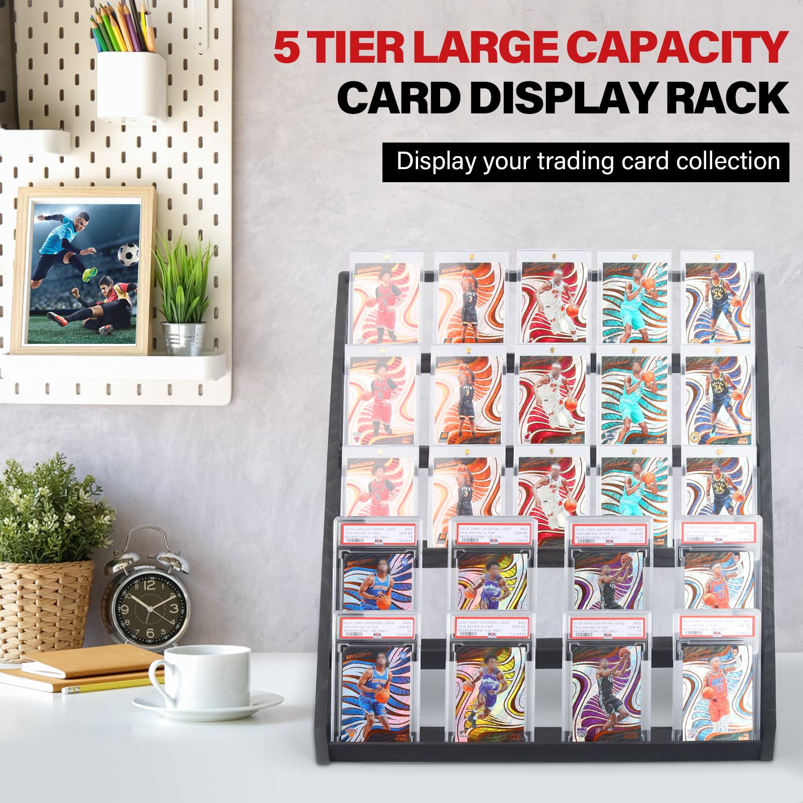 GIASSVIO wood display stand side view highlighting rustic elegance for PSA cards