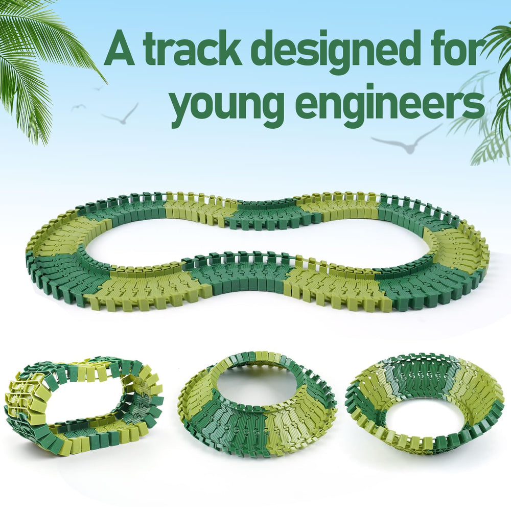 GIAT dinosaur track pieces in two colors enable eye-catching, varied racecourses