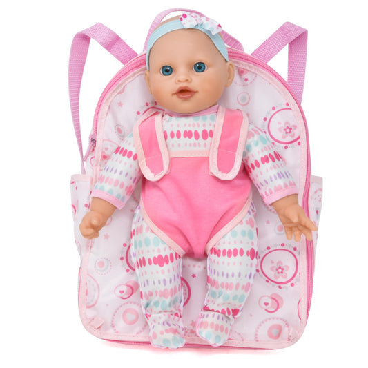 Gift Boutique take-along backpack carrier with pink heart pattern enables portable playtime