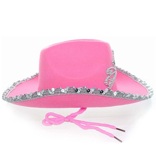 GiftExpress pink cowboy hat with tiara, side view showing sparkle detail