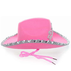 GiftExpress pink cowboy hat with tiara, side view showing sparkle detail