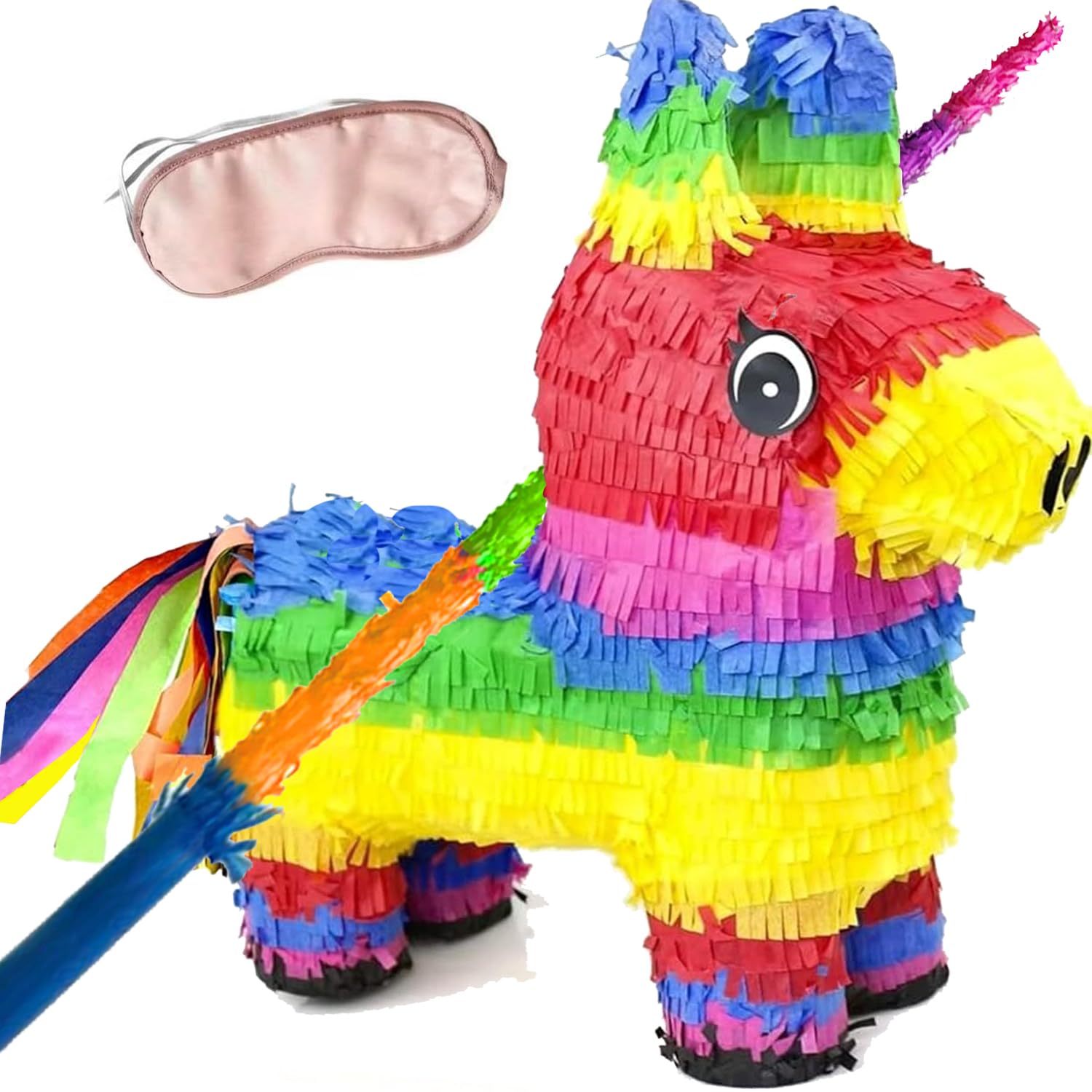 GiftExpress rainbow donkey pinata exterior highlights colorful tissue for festive decor.