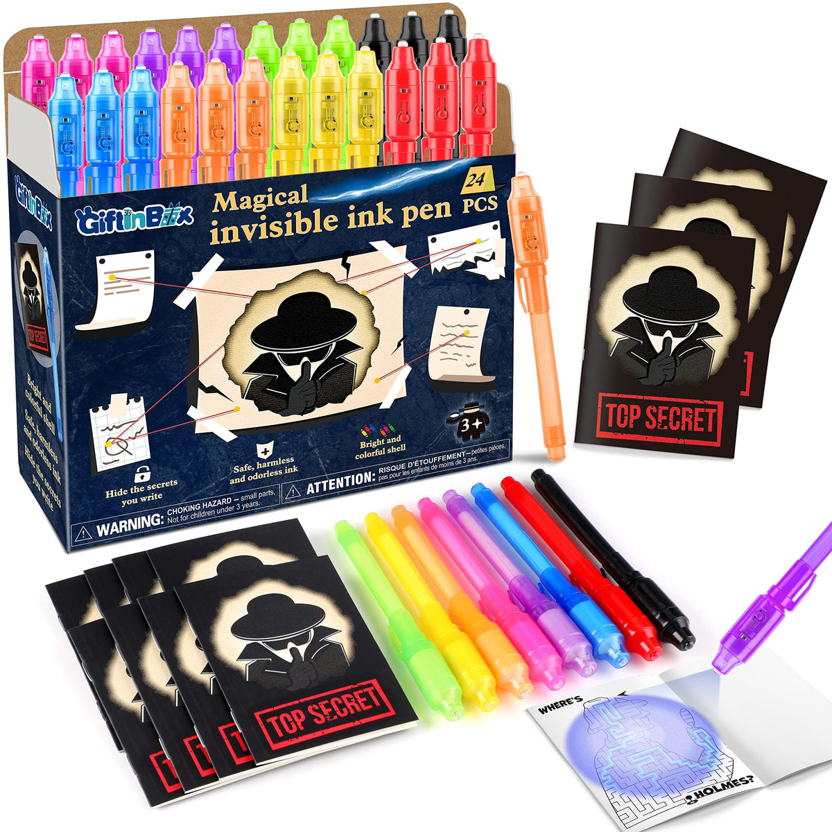 GIFTINBOX invisible ink pen with UV light reveals secret messages for kids at parties.