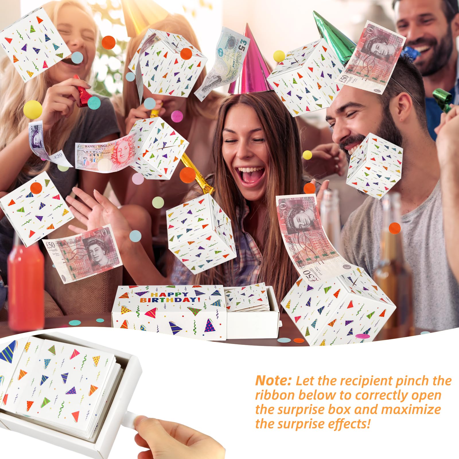 Giftota package contents include multiple exploding boxes and confetti for party-ready reveals.