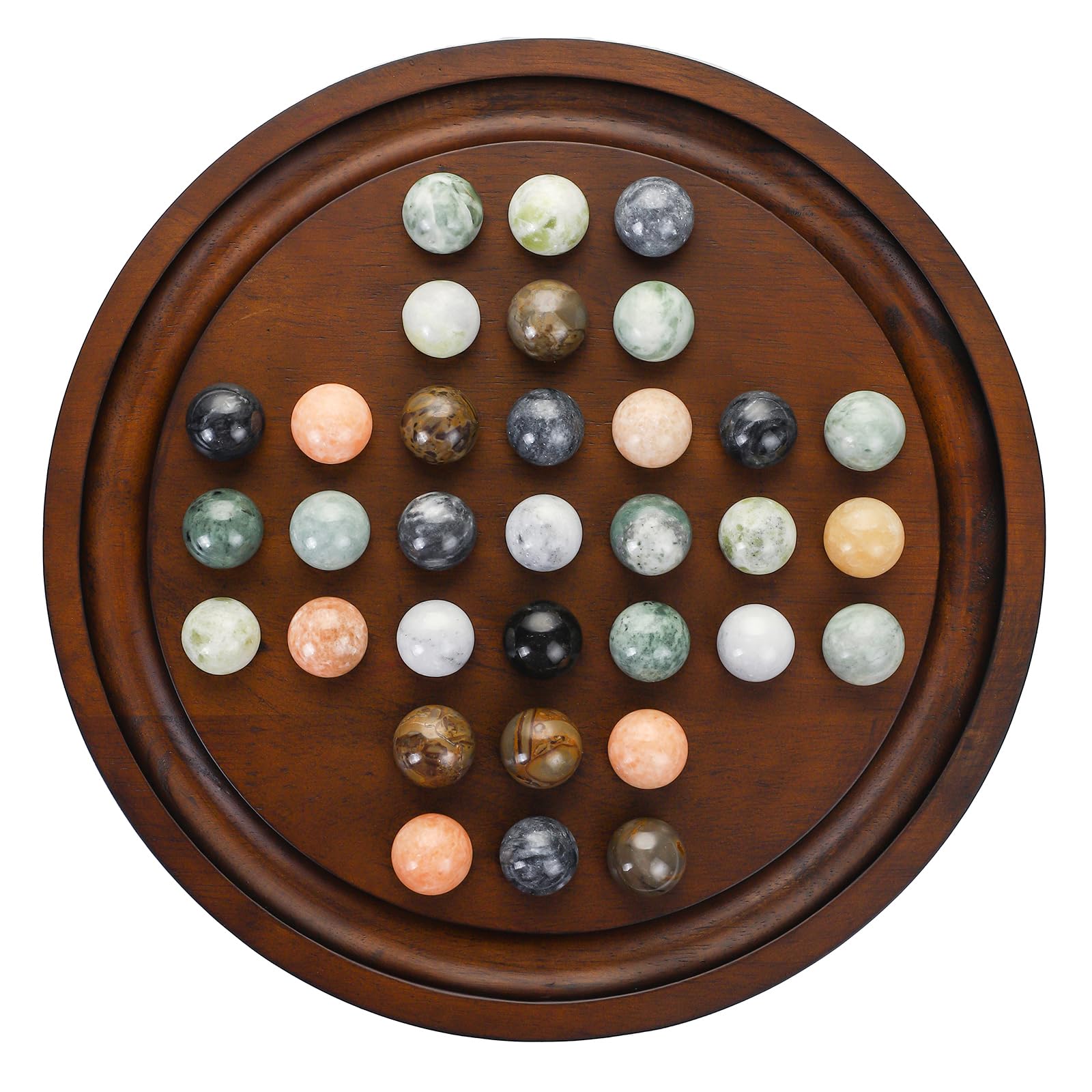 Giftqulo Solitaire board viewed from above, showcasing premium wood grain and integrated marble slots for elegant tabletop play.