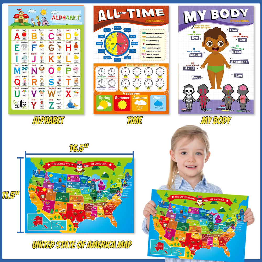 Gifts2U educational posters brighten time, body, map and alphabet lessons