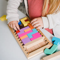 Wooden Katamino Family tray doubles as decor while awaiting puzzles.