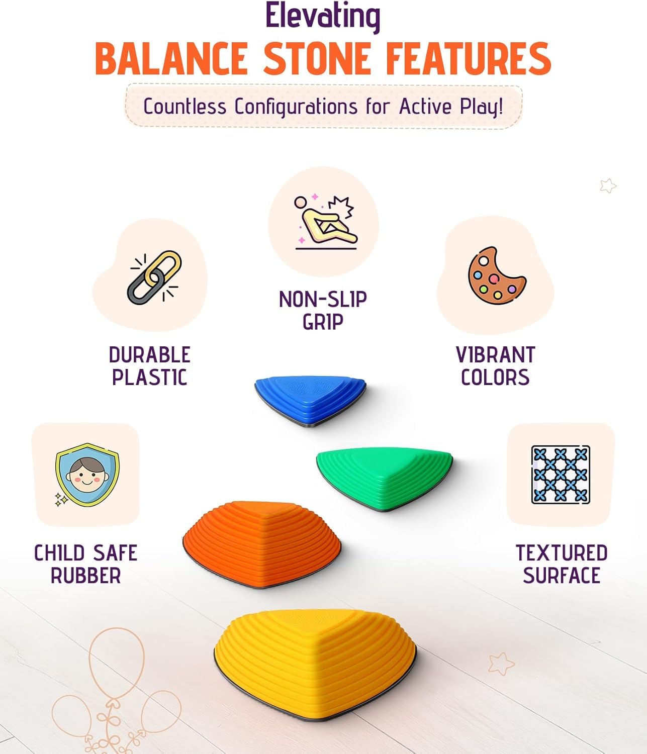 Indoor and outdoor safe play with non-slip edges for carpets, tiles, and grass.