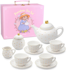 Giggle and Honey porcelain teapot with gold polka dots for delightful tea time.