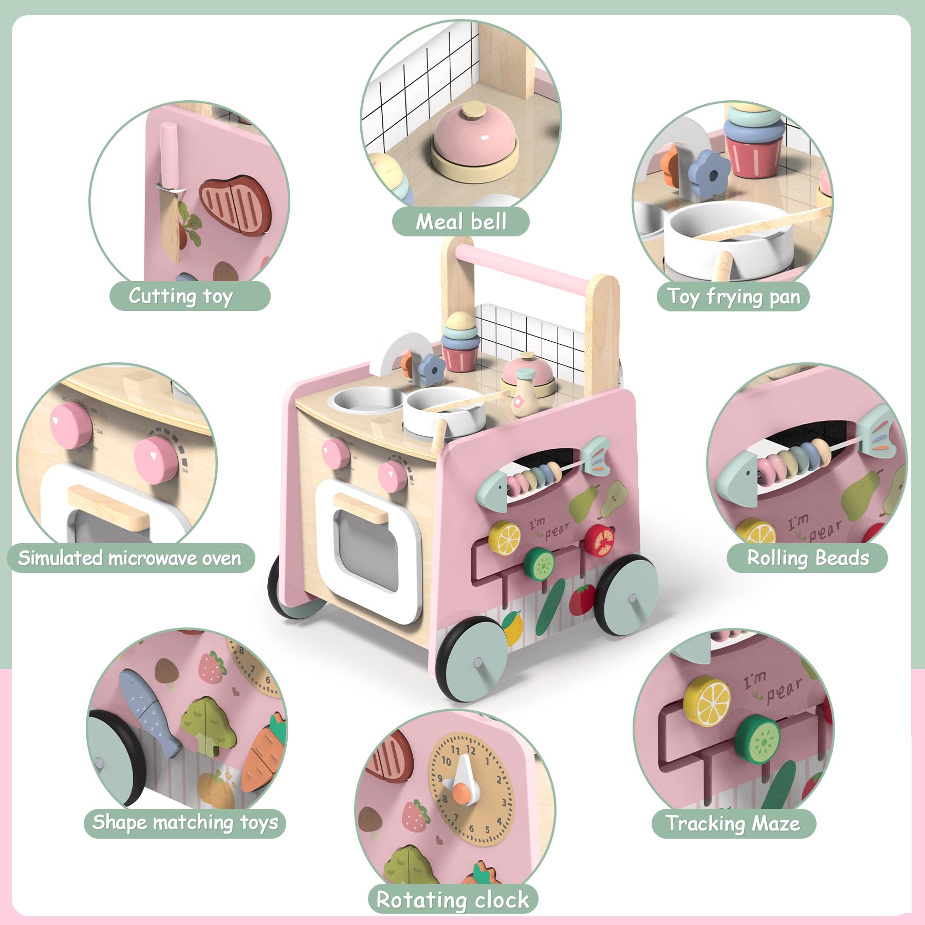 GiggleGems wooden baby walker kitchen play table with oven and knobs