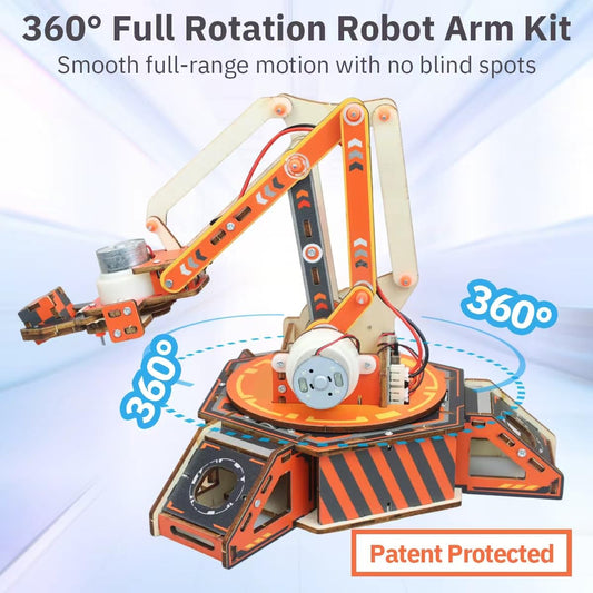 Kids assembling the Giggleway robot arm kit in a classroom scene