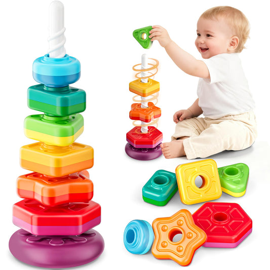 Gigilli rainbow ring spinning-stacker close-up promotes color recognition and fine motor play.