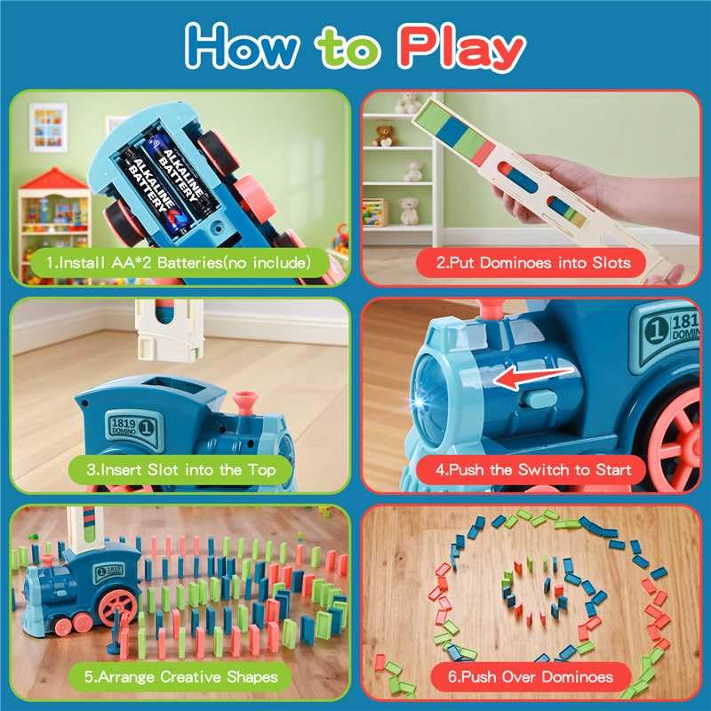 Gigilli domino train toy rotating knob path illustrates varied routes and patterns