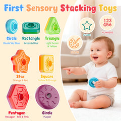 Gigilli rainbow ring stacker tower showing stacking play for hand-eye coordination.